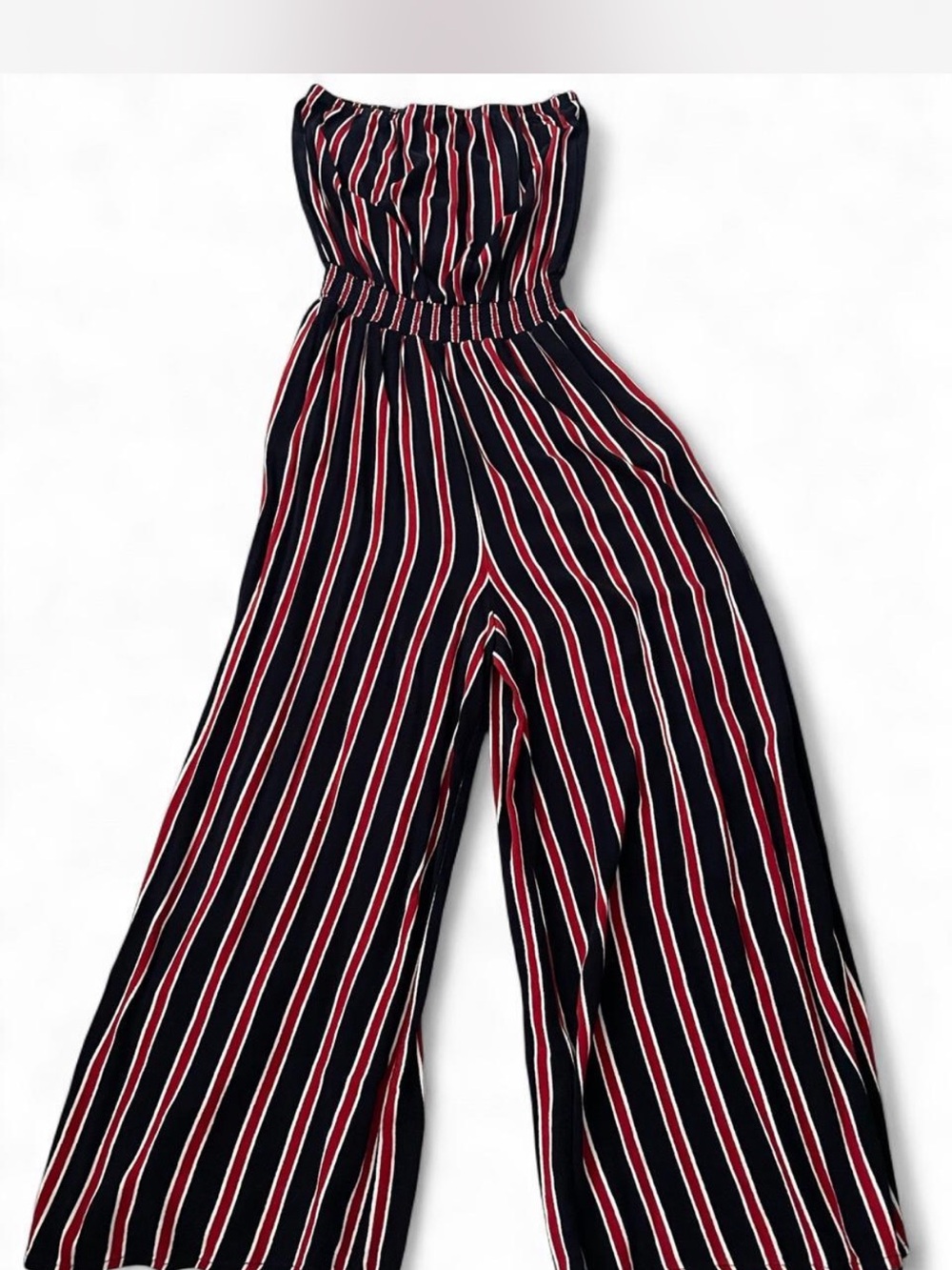 Cotton Candy Navy Strapless Wide-Leg Striped Jumpsuit with Red and White Accents